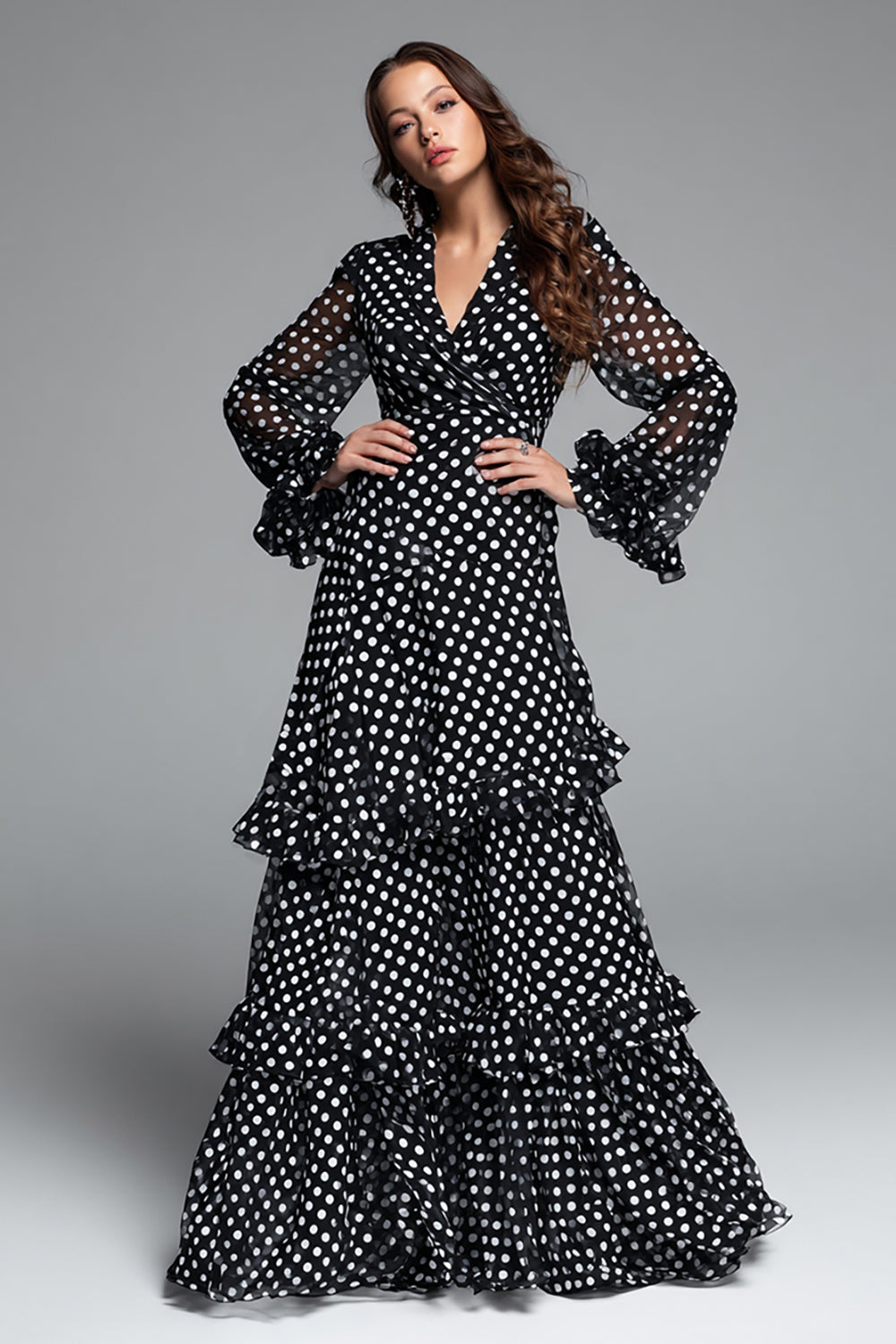 Black and White Chiffon A Line V-Neck Long Polka Dots Dress with Ruffles