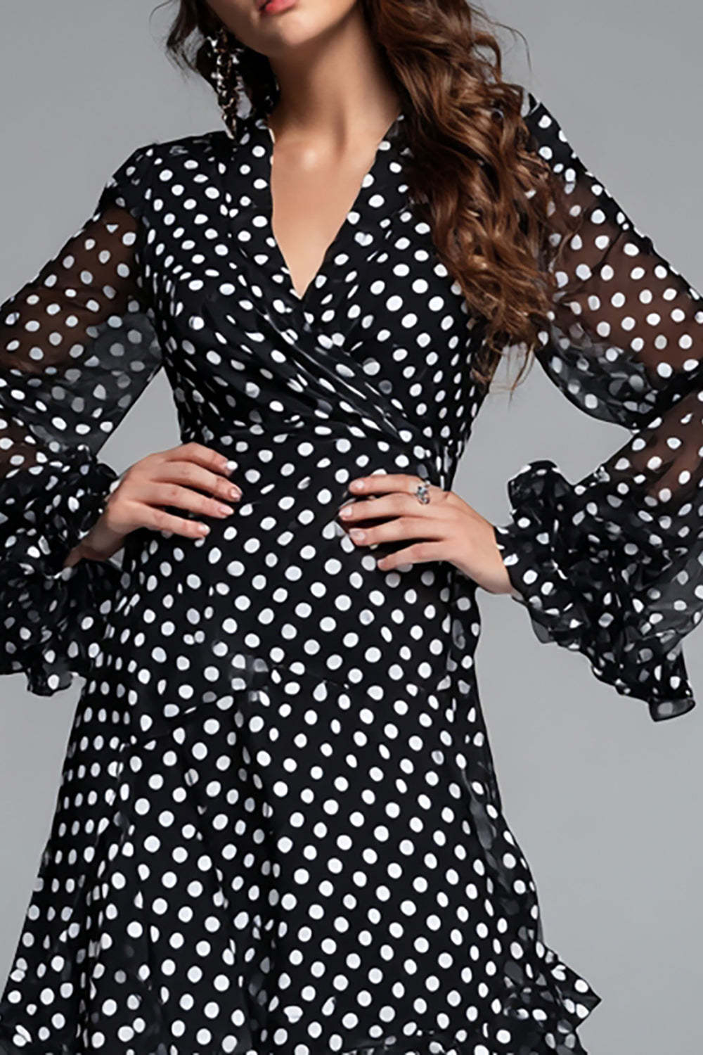 Black and White Chiffon A Line V-Neck Long Polka Dots Dress with Ruffles