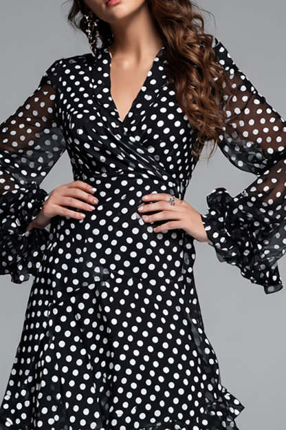 Black and White Chiffon A Line V-Neck Long Polka Dots Dress with Ruffles