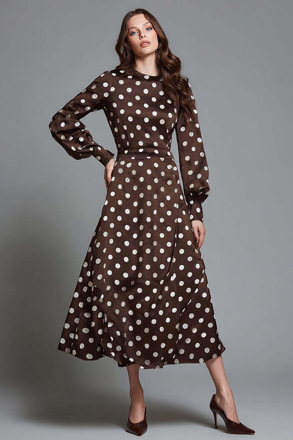 Leely Women Dark Brown Satin Long Polka Dots Dress A Line Round Neck Long Sleeves Party Dress