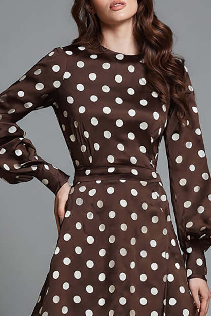 Dark Brown Satin A Line Round Neck Polka Dots Dress with Sleeves