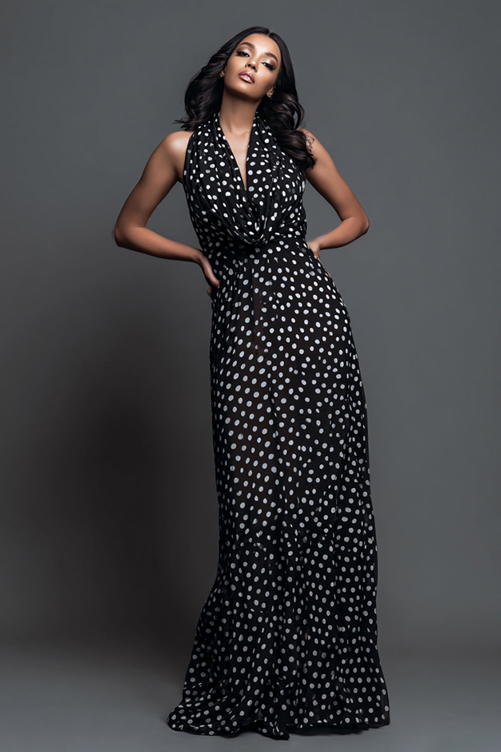 Black and White Chiffon Sheath Cowl Neck Maxi Polka Dots Dress