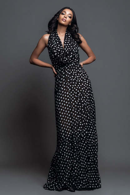 Leely Women Black and White Chiffon Maxi Polka Dots Dress Cowl Neck Sheath Wedding Guest Dress