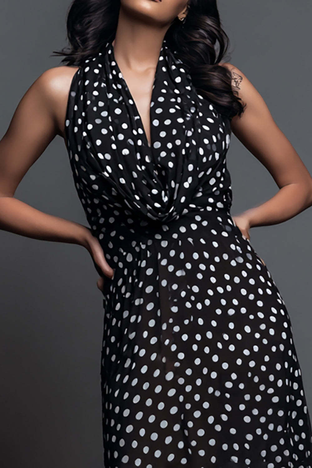 Black and White Chiffon Sheath Cowl Neck Maxi Polka Dots Dress