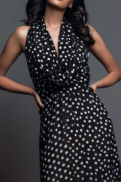 Black and White Chiffon Sheath Cowl Neck Maxi Polka Dots Dress