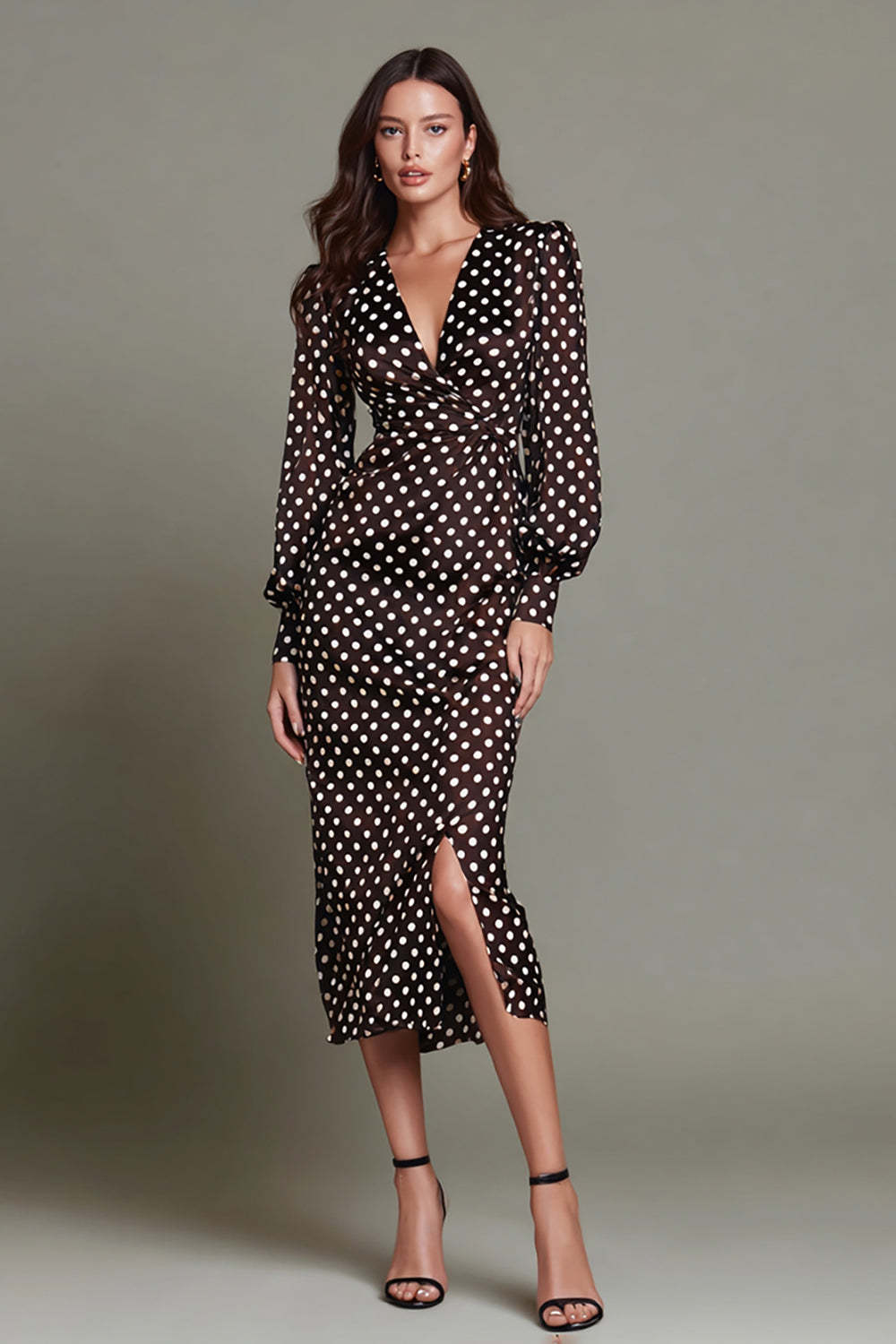 Leely Women Dark Brown Chiffon Sheath Polka Dots Dress with Slit V-Neck Long Sleeves Party Dress