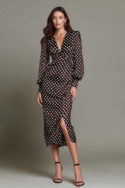 Leely Women Dark Brown Chiffon Sheath Polka Dots Dress with Slit V-Neck Long Sleeves Party Dress
