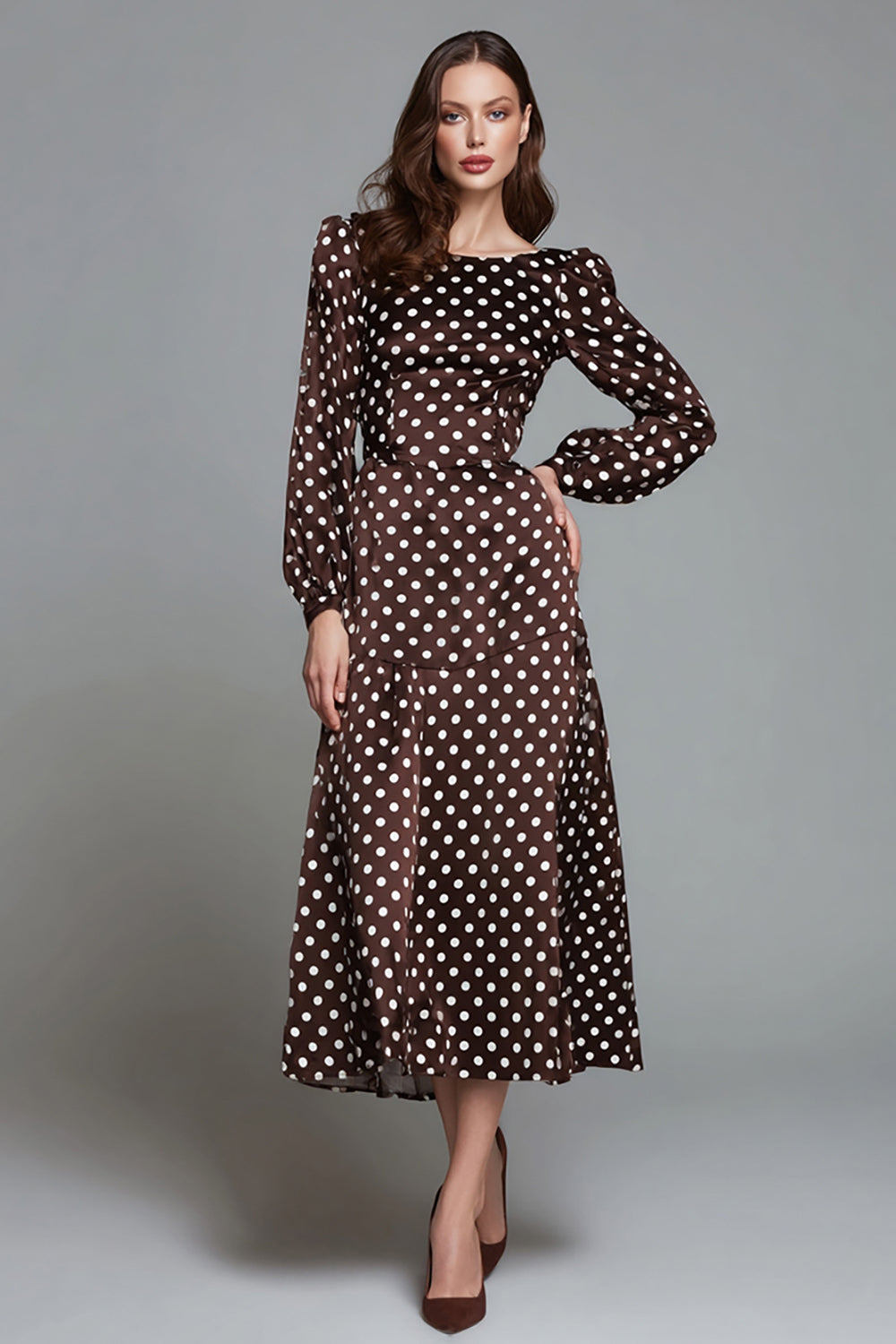 Leely Women Dark Brown Long Satin Polka Dots Dress A Line Boat Neck Long Sleeves Wedding Guest Dress