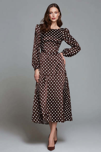 Leely Women Dark Brown Long Satin Polka Dots Dress A Line Boat Neck Long Sleeves Wedding Guest Dress