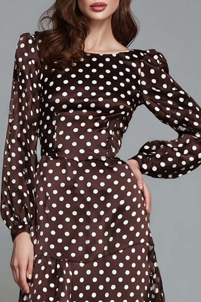 Dark Brown Satin A Line Boat Neck Polka Dots Dress with Sleeves