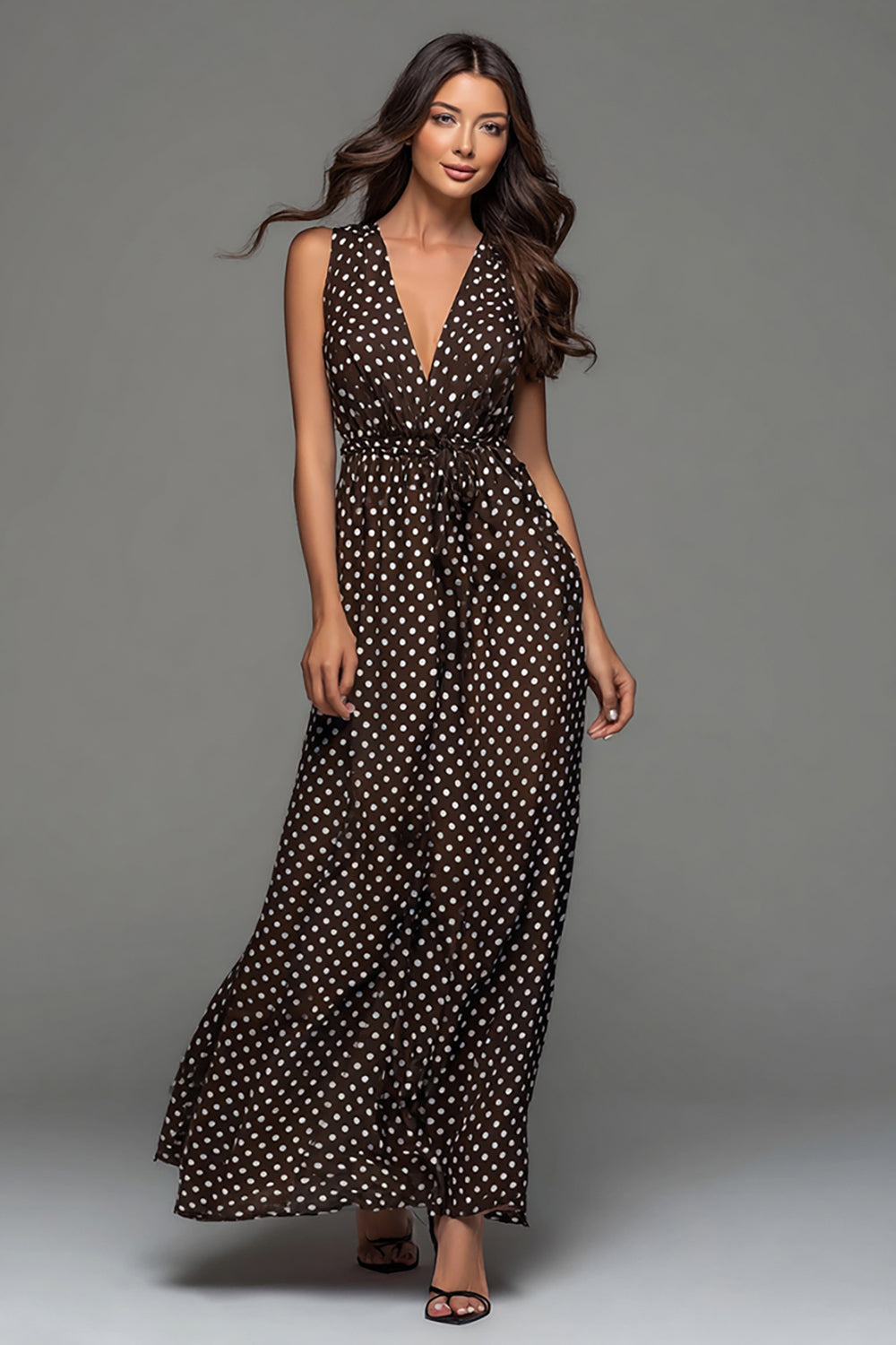 Dark Brown Chiffon V-Neck A Line Long Polka Dots Dress