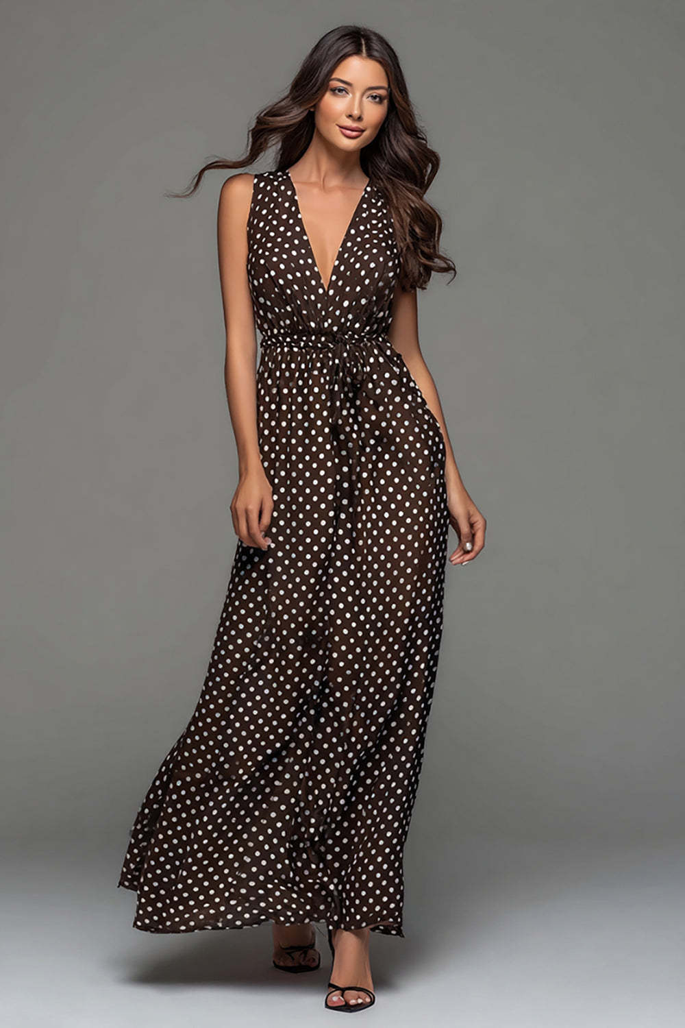 Leely Women Dark Brown Chiffon Long Polka Dots Dress A Line V-Neck Wedding Guest Dress