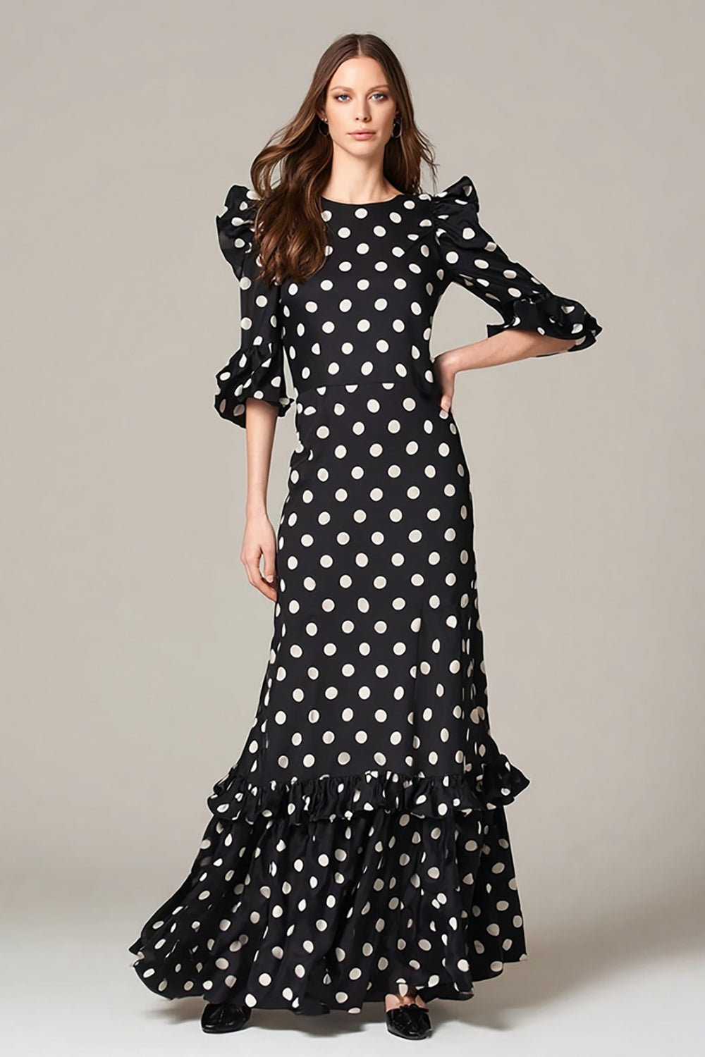 Black and White Chiffon Round Neck Maxi Polka Dots Dress with Ruffles