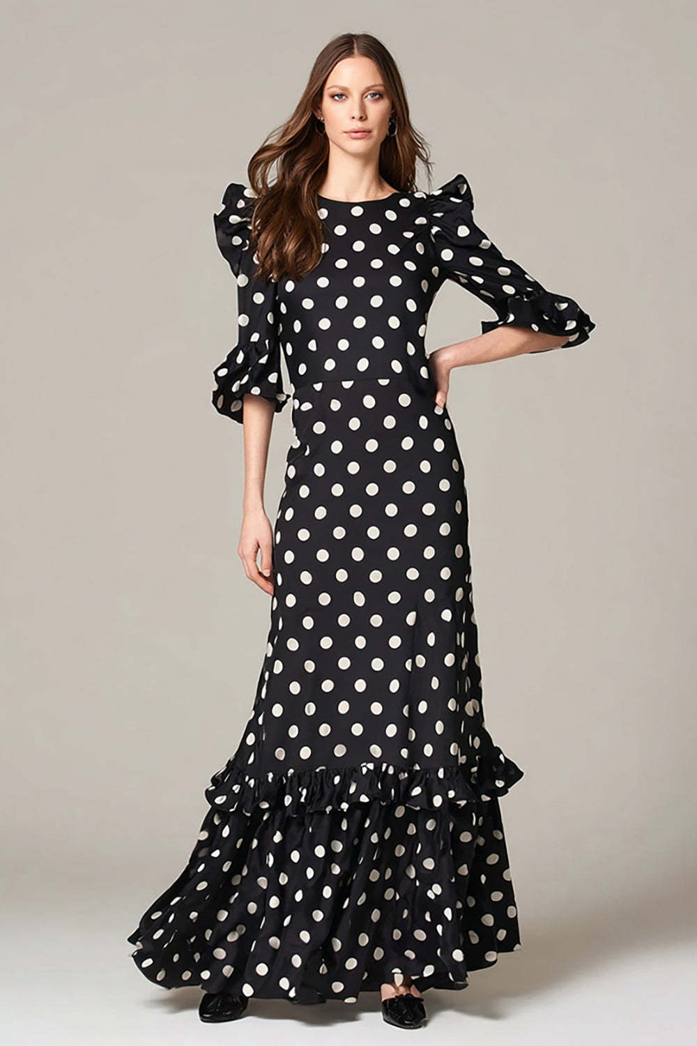 Leely Women Black and White Chiffon Maxi Polka Dots Dress with Slit Sheath Round Neck Half Sleeves Wedding Guest Dress