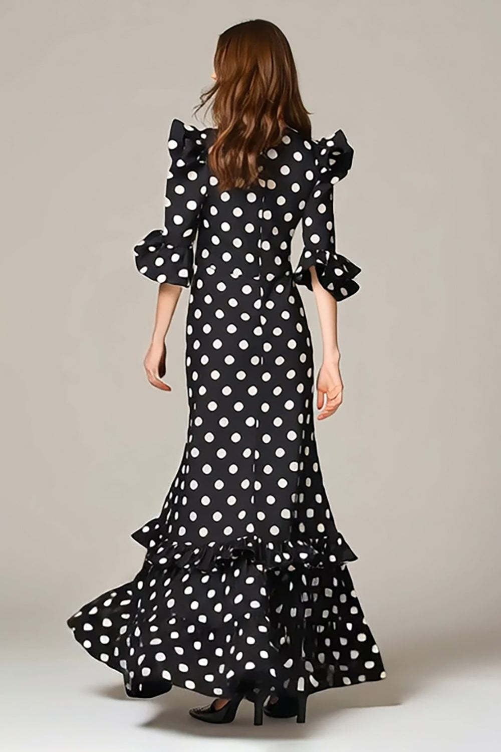 Black and White Chiffon Round Neck Maxi Polka Dots Dress with Ruffles