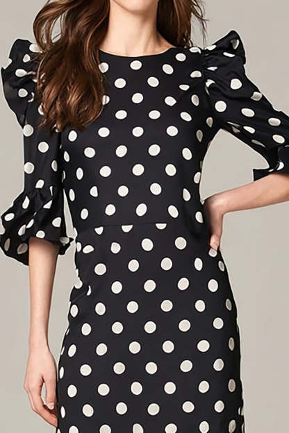 Black and White Chiffon Round Neck Maxi Polka Dots Dress with Ruffles