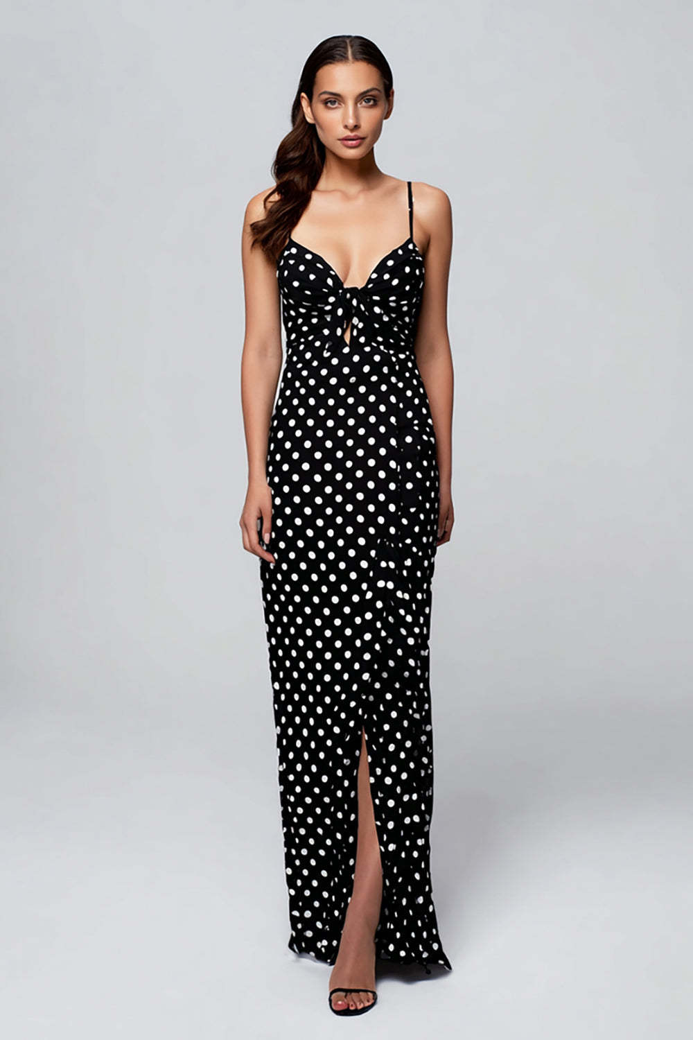 Leely Women Black and White Chiffon Maxi Polka Dots Dress with Slit Sheath Spaghetti Straps Formal Dress with Ruffles