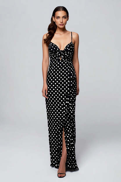 Leely Women Black and White Chiffon Maxi Polka Dots Dress with Slit Sheath Spaghetti Straps Formal Dress with Ruffles