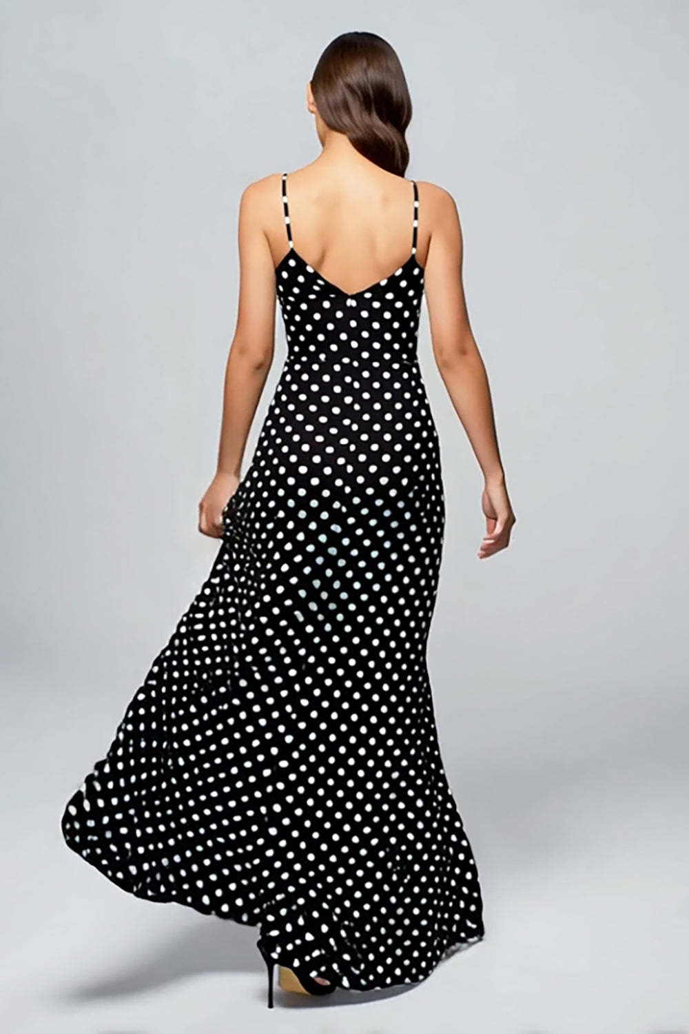 Black and White Chiffon Spaghetti Straps Maxi Polka Dots Dress with Slit