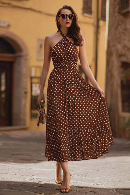 Leely Women Brown Chiffon Polka Dots Dress Halter A-Line Party Dress