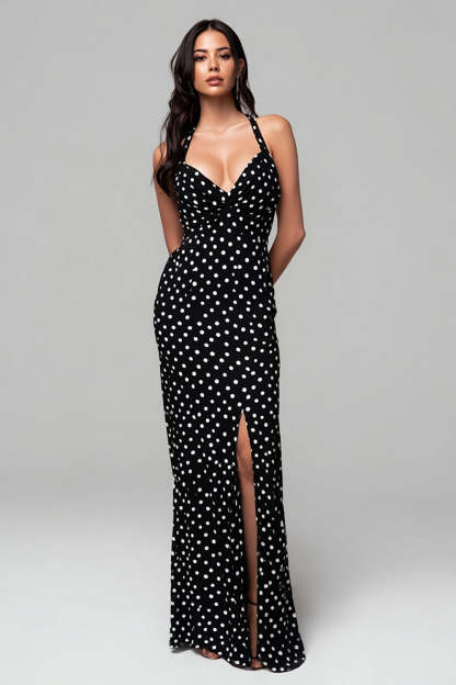Leely Women Black and White Chiffon Maxi Polka Dots Dress with Slit Sheath Spaghetti Straps Formal Dress