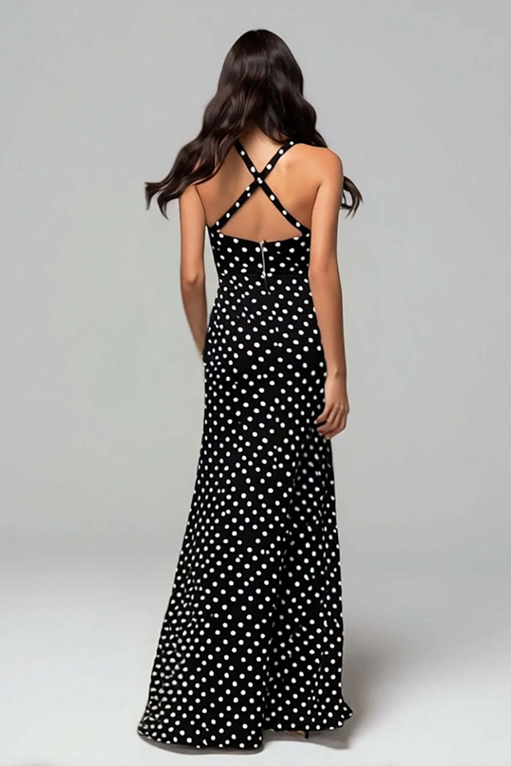 Black and White Sheath Chiffon Maxi Polka Dots Dress with Slit