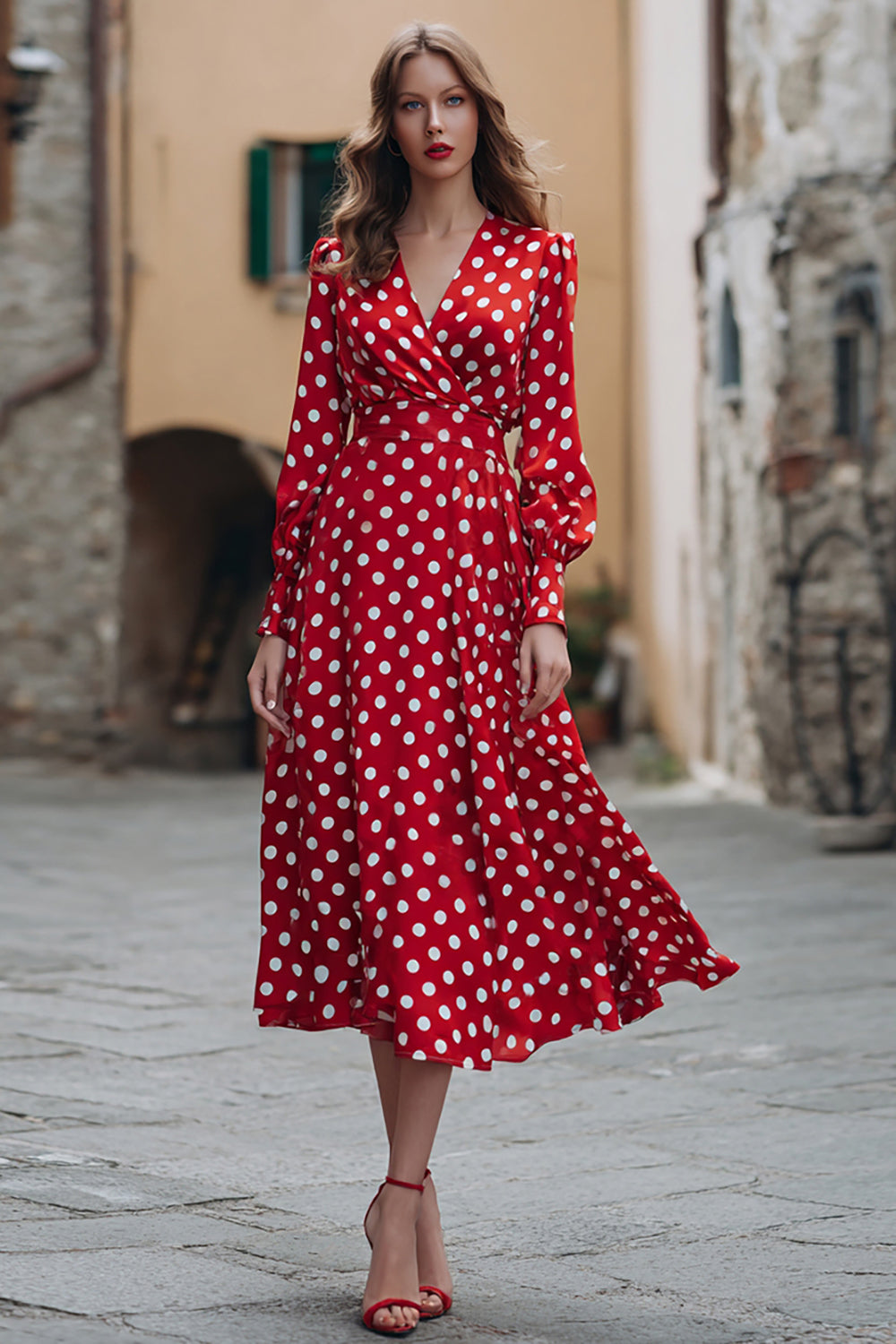 Leely Women Red Chiffon Polka Dots Dress A Line V-Neck Long Sleeves Party Dress