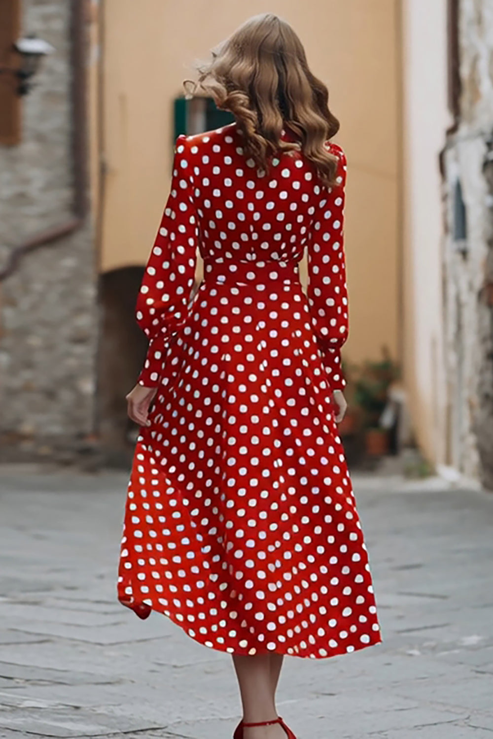 Red Chiffon V-Neck A Line Polka Dots Dress with Sleeves