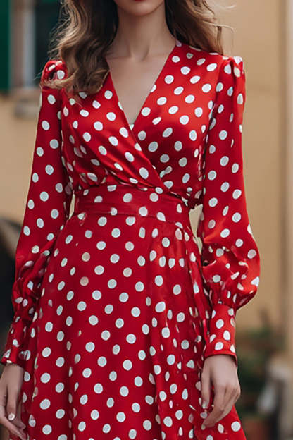 Red Chiffon V-Neck A Line Polka Dots Dress with Sleeves