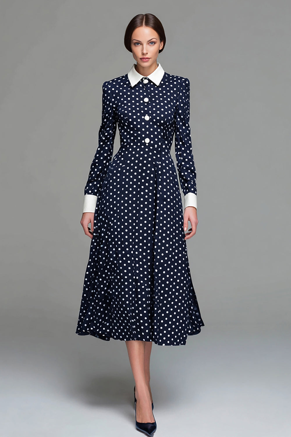 Navy Satin A Line Collar Neck Tea Length Polka Dots Dress