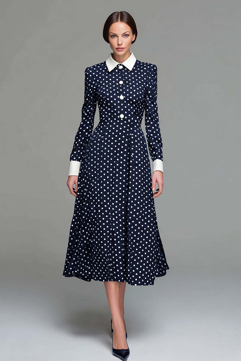 Leely Women Navy Satin Polka Dots Dress Tea Length A Line Collar Neck Party Dress with Sleeves