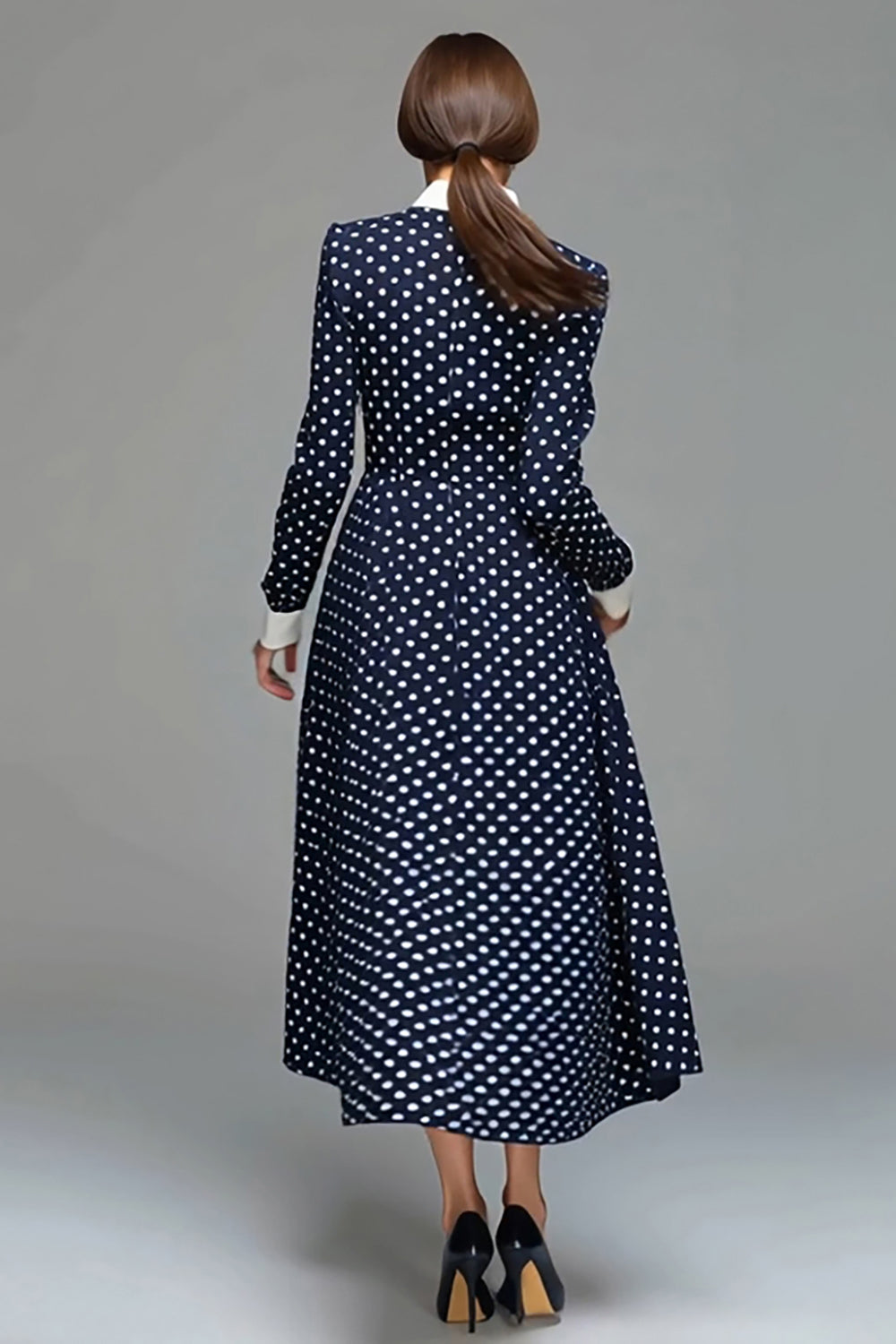 Navy Satin A Line Collar Neck Tea Length Polka Dots Dress