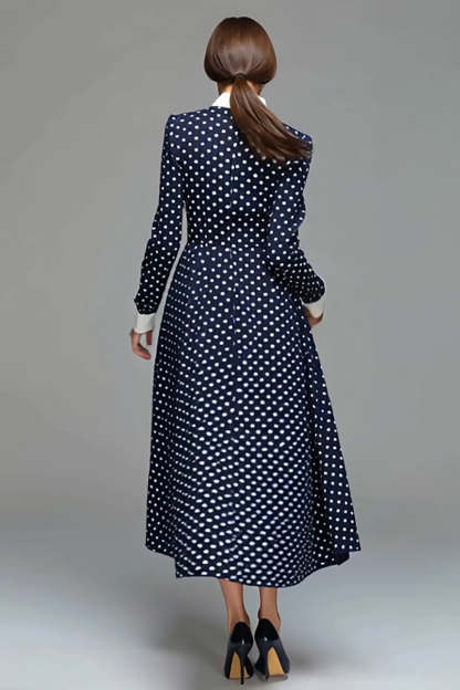 Navy Satin A Line Collar Neck Tea Length Polka Dots Dress