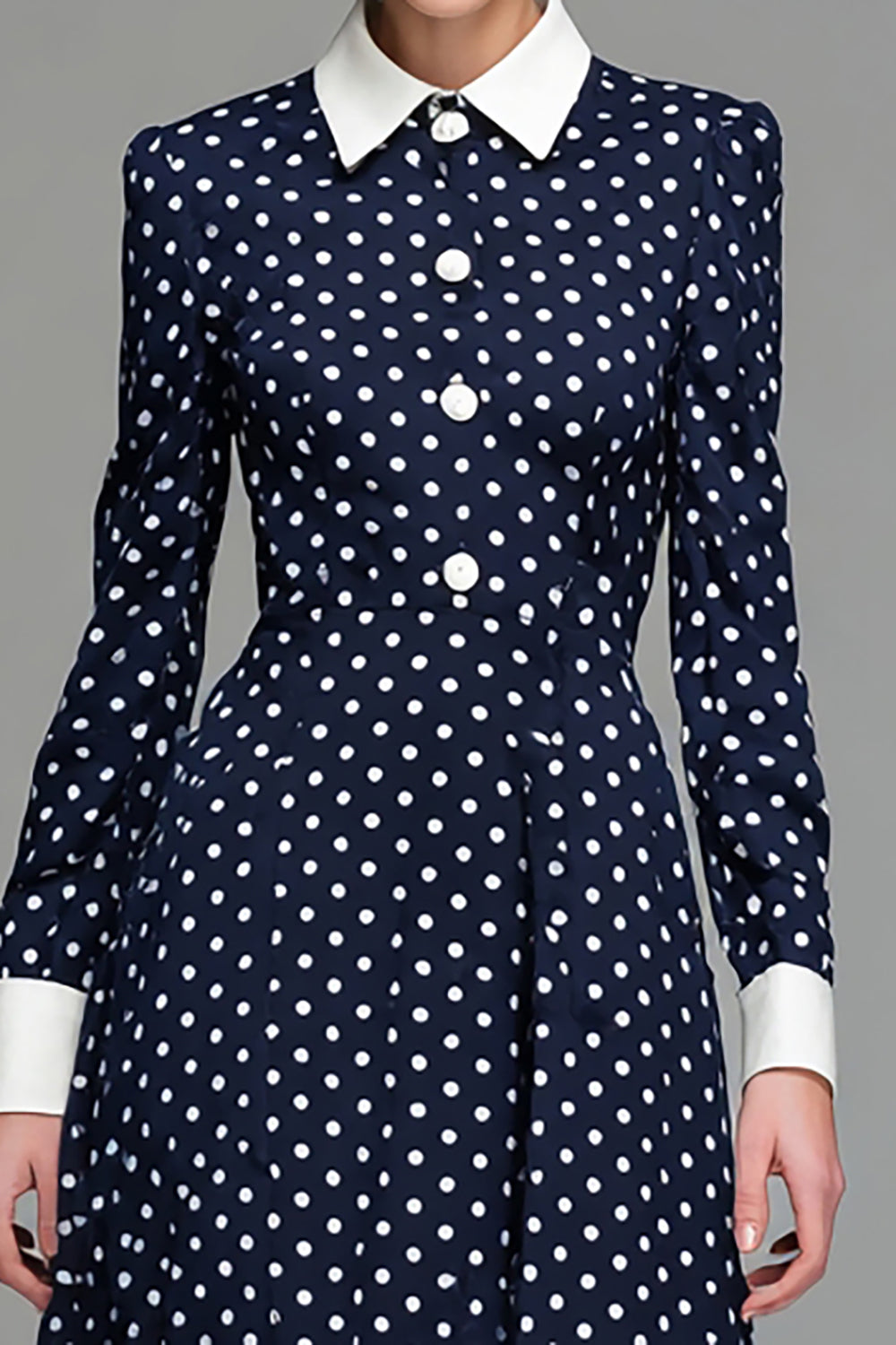 Navy Satin A Line Collar Neck Tea Length Polka Dots Dress