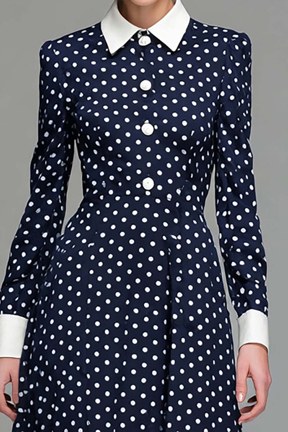Navy Satin A Line Collar Neck Tea Length Polka Dots Dress