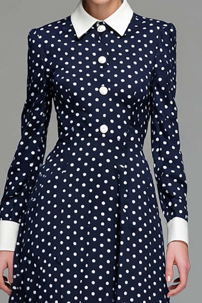 Navy Satin A Line Collar Neck Tea Length Polka Dots Dress