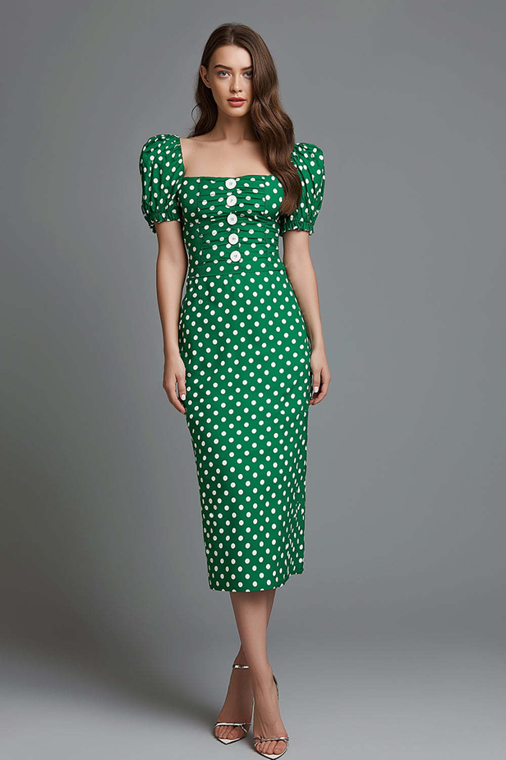 Leely Women Green Satin Sheath Polka Dots Dress Tea Length Puff Sleeves Square Neck Party Dress