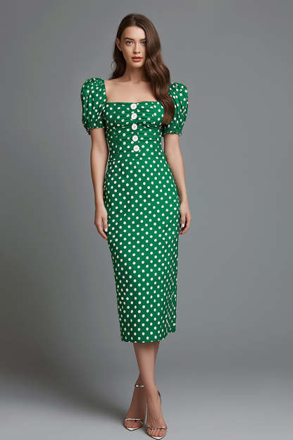 Leely Women Green Satin Sheath Polka Dots Dress Tea Length Puff Sleeves Square Neck Party Dress