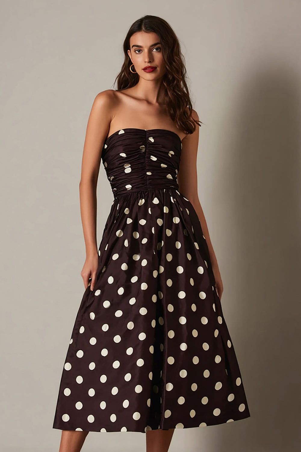 Dark Brown Satin Strapless A Line Midi Polka Dots Dress
