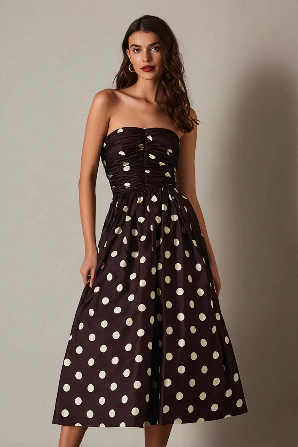 Leely Women Dark Brown Satin Midi Polka Dots Dress Strapless Ruched A Line Party Dress