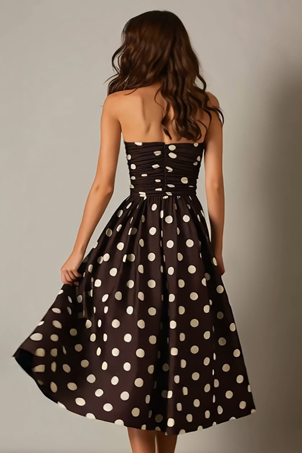 Dark Brown Satin Strapless A Line Midi Polka Dots Dress