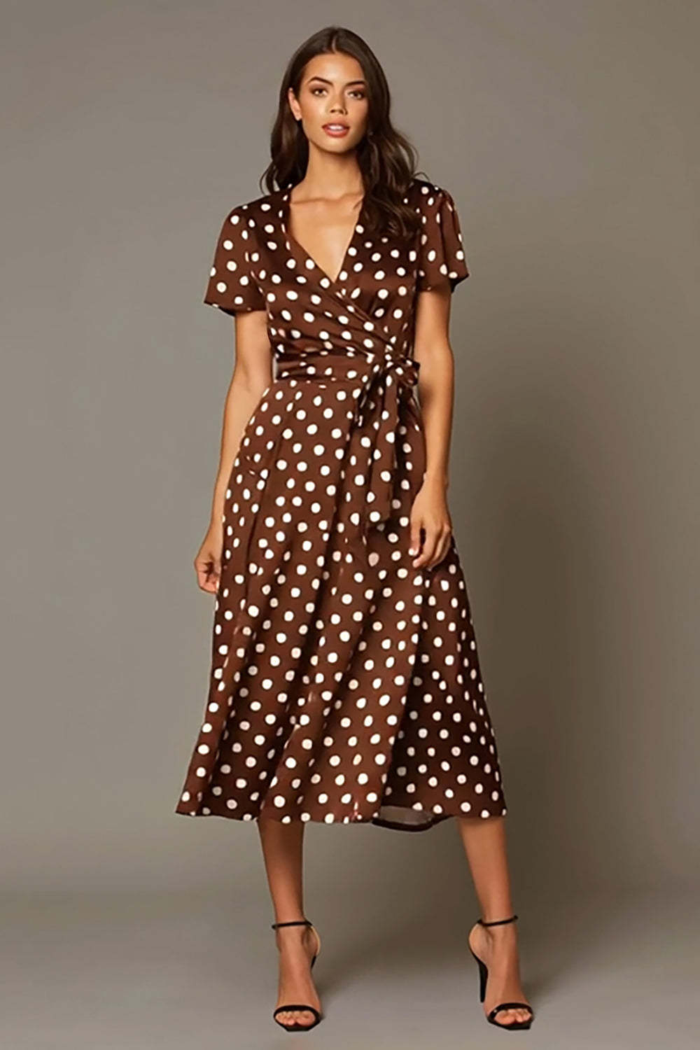 Leely Women Brown Satin Polka Dots Dress Tea Length V-Neck A Line Party Dress