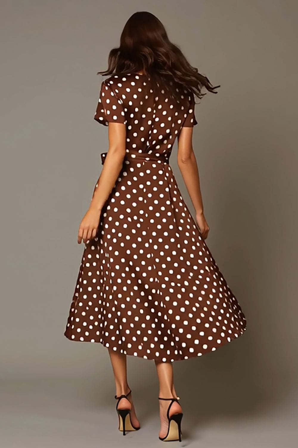 Brown Satin A Line V-Neck Tea Length Polka Dots Dress