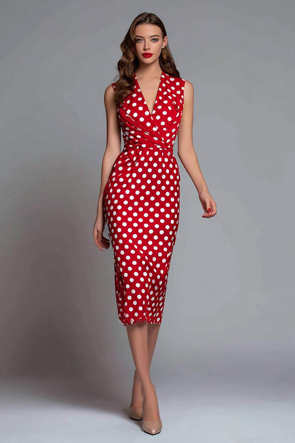 Red Satin V-Neck Sheath Midi Polka Dots Dress