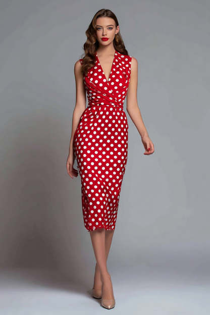 Leely Women Red Satin Midi Polka Dots Dress V-Neck Bodycon Sleeveless Party Dress