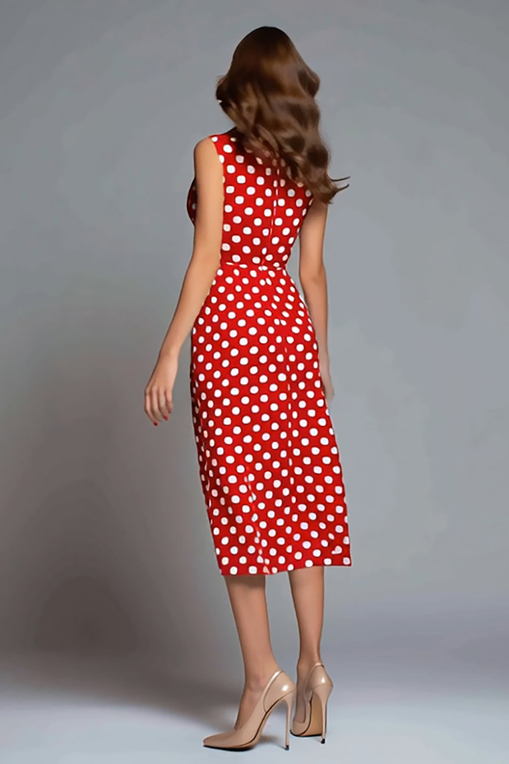 Red Satin V-Neck Sheath Midi Polka Dots Dress