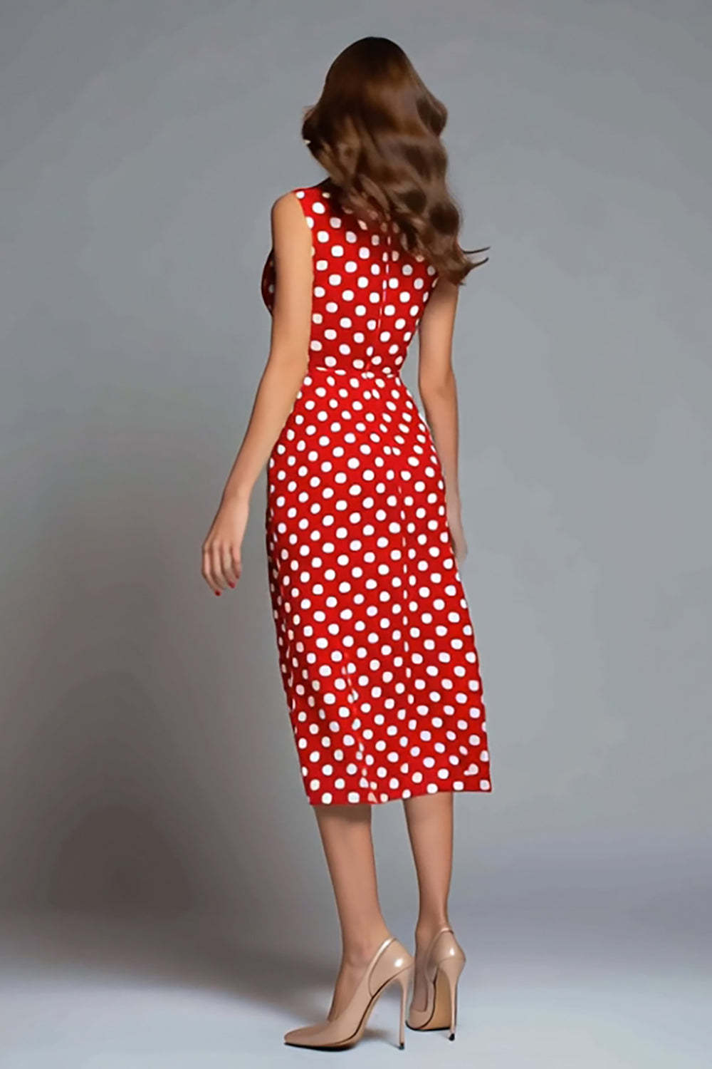 Red Satin V-Neck Sheath Midi Polka Dots Dress