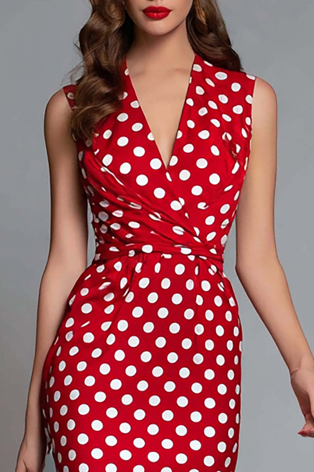 Red Satin V-Neck Sheath Midi Polka Dots Dress