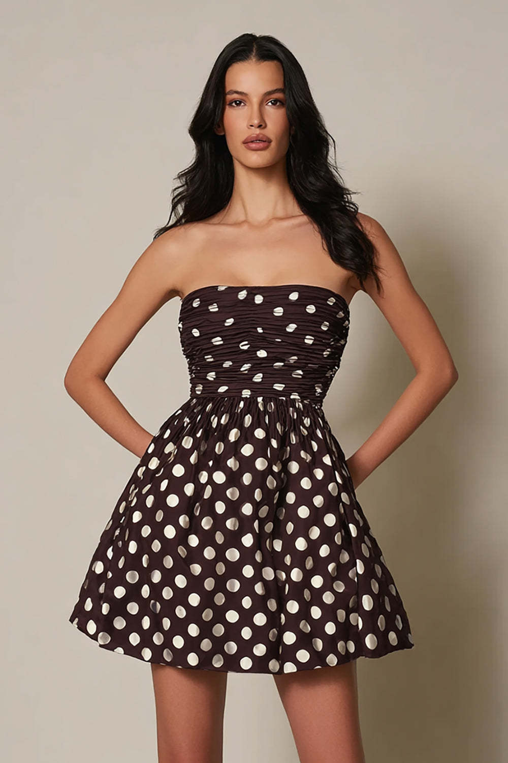 Leely Women Dark Brown Satin Polka Dots Dress Short Strapless A Line Ruched Party Dress
