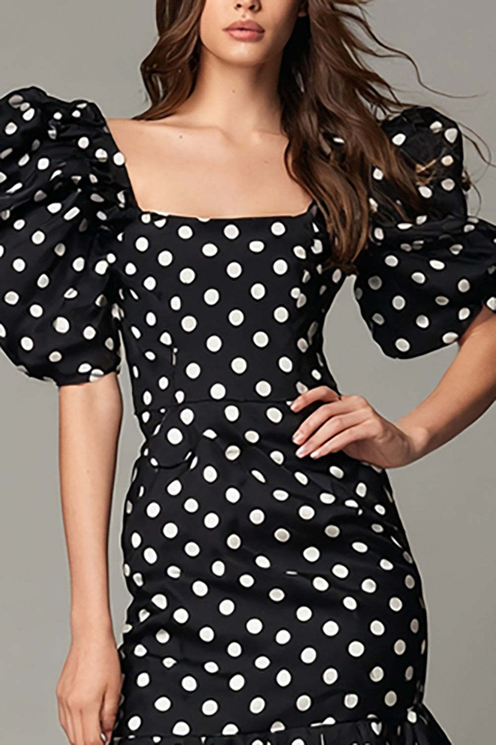 Black and White Satin Bodycon Square Neck Puff Sleeves Short Polka Dots Dress
